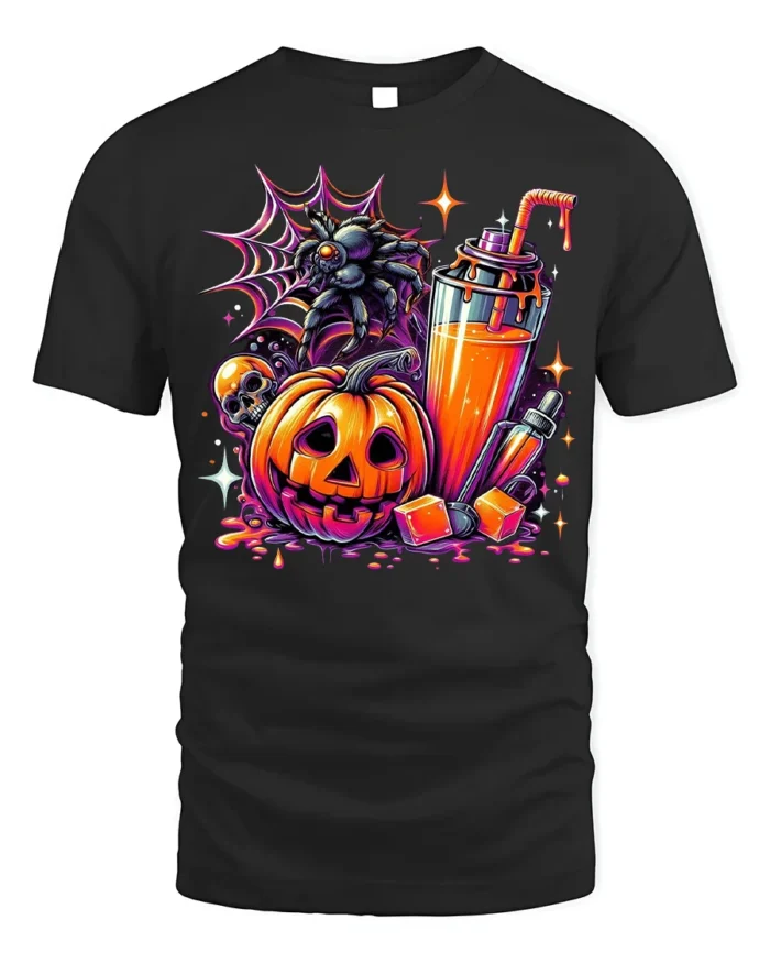 Halloween Pumpkin Drink Graphic T-Shirt - black t-shirt on white background