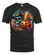 Skull Pumpkin Spider Halloween Drink T-Shirt - black t-shirt on white background