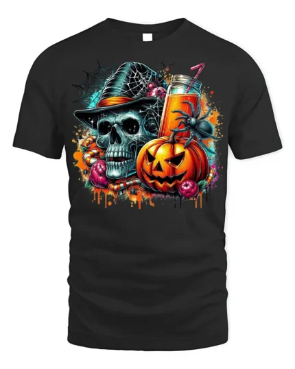 Skull Pumpkin Spider Halloween Drink T-Shirt - black t-shirt on white background