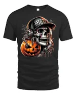 Halloween Skull DJ Pumpkin Graphic T-Shirt - black t-shirt on white background