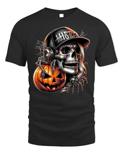 Halloween Skull DJ Pumpkin Graphic T-Shirt - black t-shirt on white background