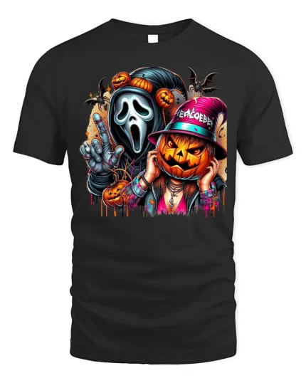 Halloween Mask and Pumpkin Party T-Shirt - black t-shirt on white background