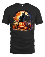 Black Cat Pumpkin Halloween Night T-Shirt - black t-shirt on white background