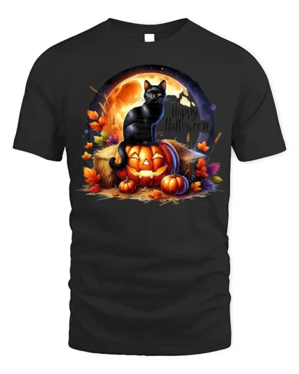 Black Cat Pumpkin Halloween Night T-Shirt - black t-shirt on white background