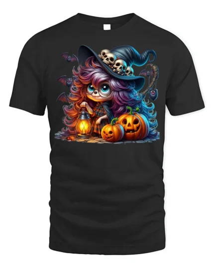 Cute Witch Pumpkin Halloween Graphic T-Shirt - black t-shirt on white background