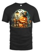Halloween Spider Pumpkin Graveyard T-Shirt - black t-shirt on white background