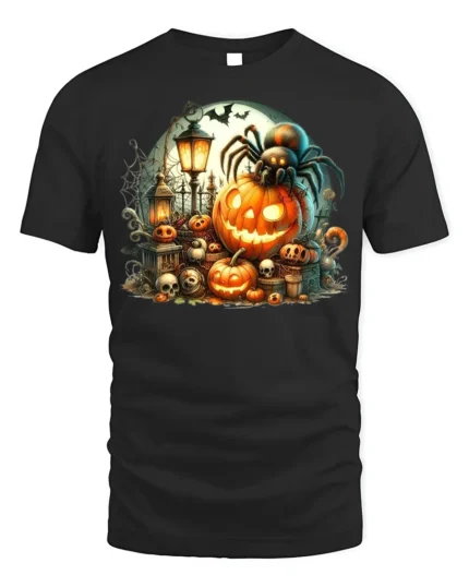 Halloween Spider Pumpkin Graveyard T-Shirt - black t-shirt on white background