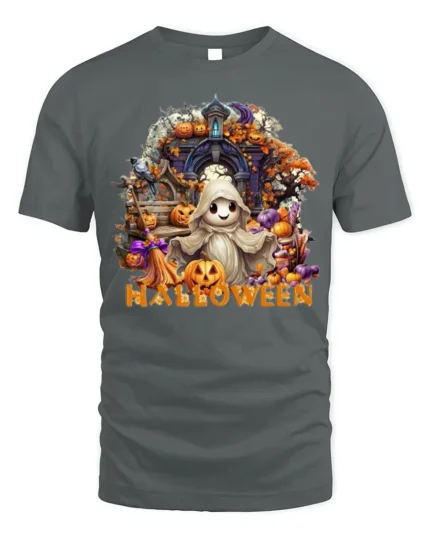 Cute Ghost Halloween T-Shirt with Pumpkin Print - gray t-shirt on white background
