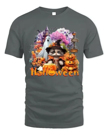 Halloween Cat Ghost Pumpkin Graphic T-Shirt - gray t-shirt on white background