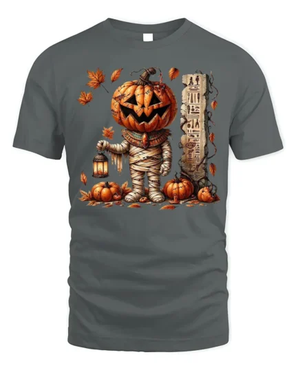 Pumpkin Mummy Halloween Lantern Graphic T-Shirt - gray t-shirt on white background