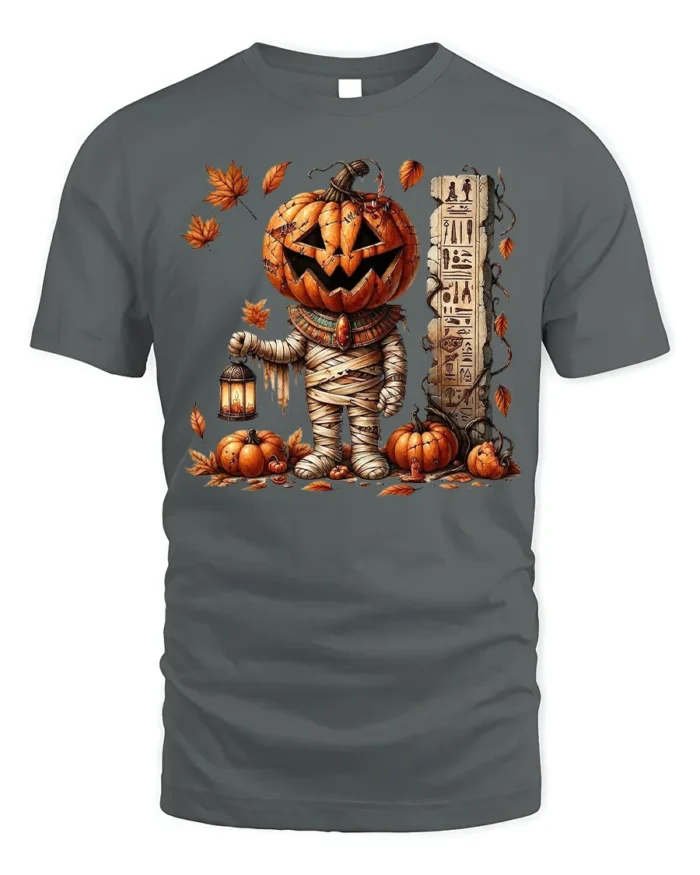 Pumpkin Mummy Halloween Lantern Graphic T-Shirt - gray t-shirt on white background