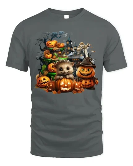 Hedgehog Pumpkin Halloween Haunted T-Shirt - gray t-shirt on white background