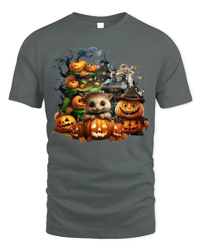 Hedgehog Pumpkin Halloween Haunted T-Shirt - gray t-shirt on white background