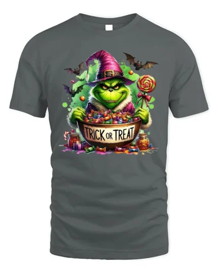 Trick or Treat Candy Monster Halloween T-Shirt - gray t-shirt on white background