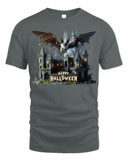 Haunted Castle Bat Happy Halloween T-Shirt - gray t-shirt on white background
