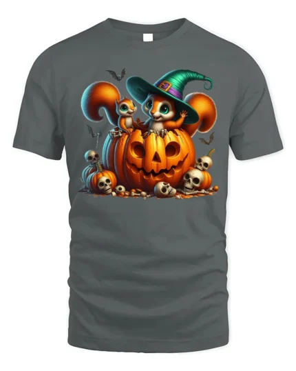 Halloween Squirrel Pumpkin Witch Hat T-Shirt - gray t-shirt on white background