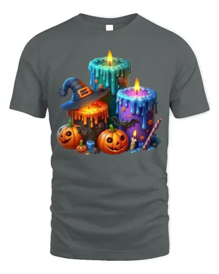 Halloween Candle Pumpkin Witch Hat T-Shirt - gray t-shirt on white background