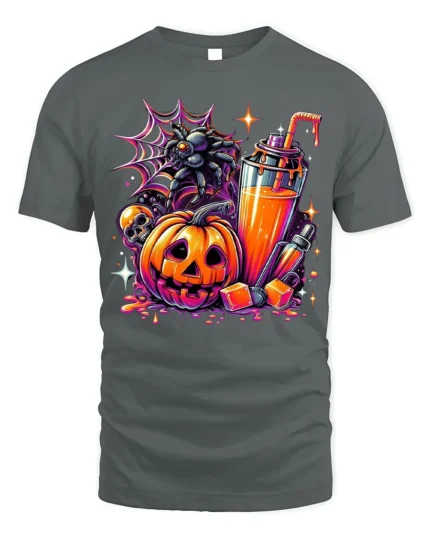 Halloween Pumpkin Drink Graphic T-Shirt - gray t-shirt on white background