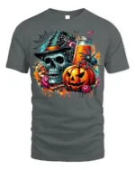 Skull Pumpkin Spider Halloween Drink T-Shirt - gray t-shirt on white background