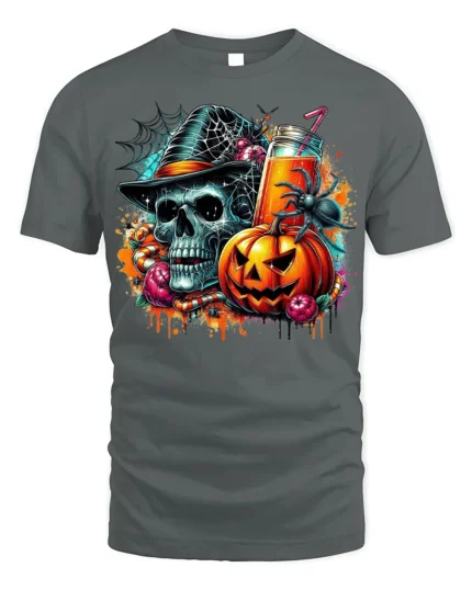 Skull Pumpkin Spider Halloween Drink T-Shirt - gray t-shirt on white background
