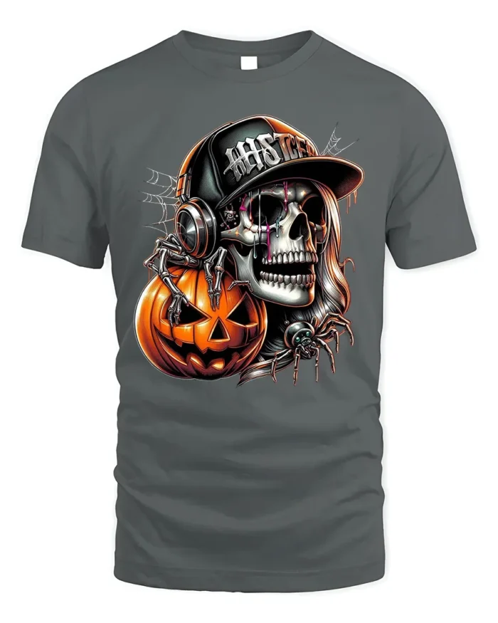 Halloween Skull DJ Pumpkin Graphic T-Shirt - gray t-shirt on white background