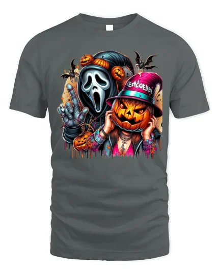 Halloween Mask and Pumpkin Party T-Shirt - gray t-shirt on white background