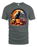 Black Cat Pumpkin Halloween Night T-Shirt - gray t-shirt on white background