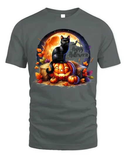 Black Cat Pumpkin Halloween Night T-Shirt - gray t-shirt on white background