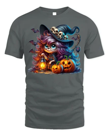 Cute Witch Pumpkin Halloween Graphic T-Shirt - gray t-shirt on white background