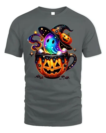 Brew Boo Crew Halloween Ghost Pumpkin T-Shirt - gray t-shirt on white background