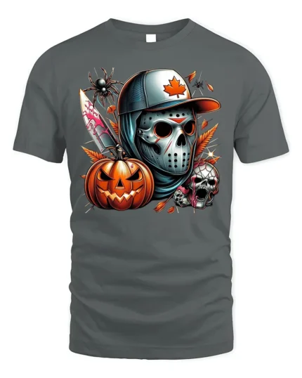 Halloween Skull Mask Pumpkin Horror T-Shirt - gray t-shirt on white background