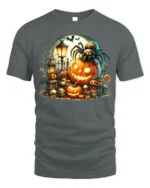 Halloween Spider Pumpkin Graveyard T-Shirt - gray t-shirt on white background