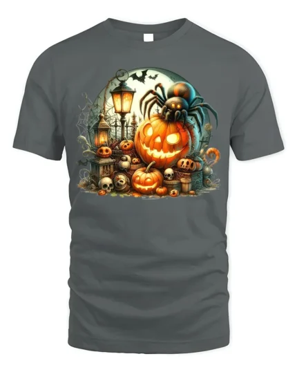 Halloween Spider Pumpkin Graveyard T-Shirt - gray t-shirt on white background