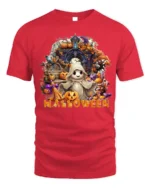 Cute Ghost Halloween T-Shirt with Pumpkin Print - red t-shirt on white background