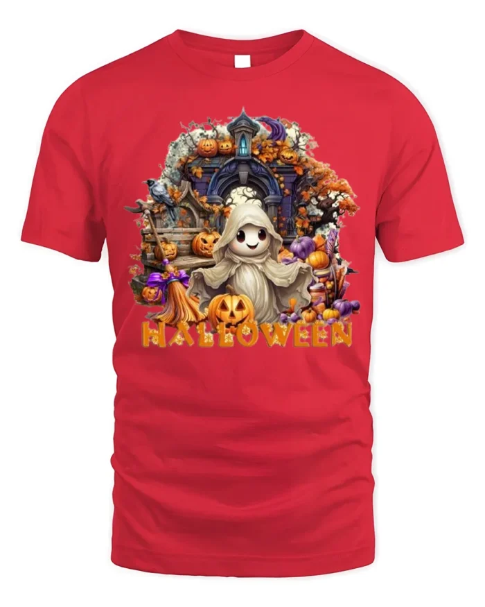 Cute Ghost Halloween T-Shirt with Pumpkin Print - red t-shirt on white background