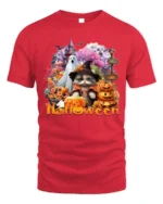 Halloween Cat Ghost Pumpkin Graphic T-Shirt - red t-shirt on white background