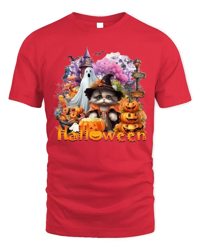 Halloween Cat Ghost Pumpkin Graphic T-Shirt - red t-shirt on white background