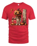 Pumpkin Mummy Halloween Lantern Graphic T-Shirt - red t-shirt on white background