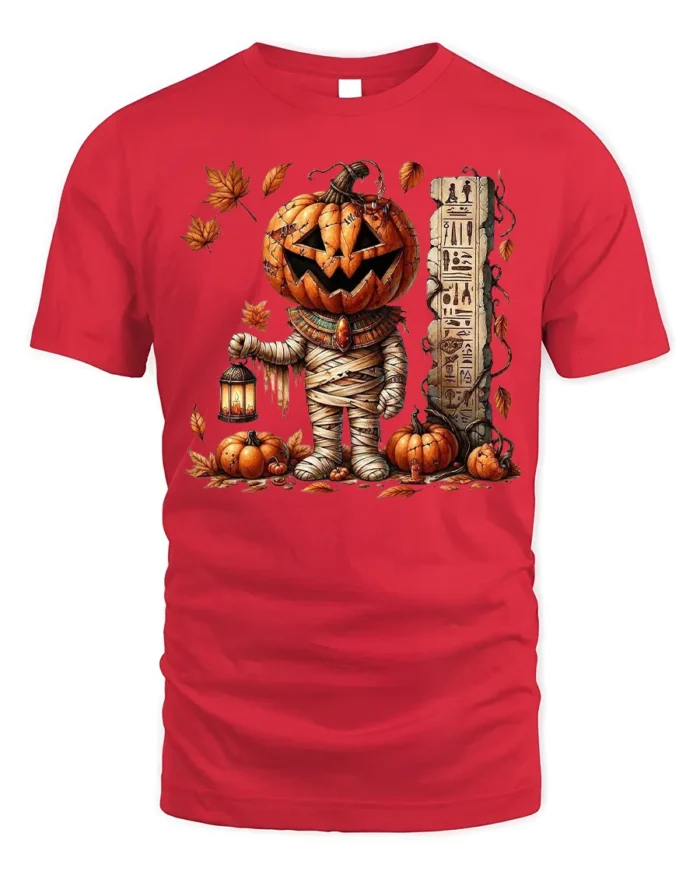 Pumpkin Mummy Halloween Lantern Graphic T-Shirt - red t-shirt on white background