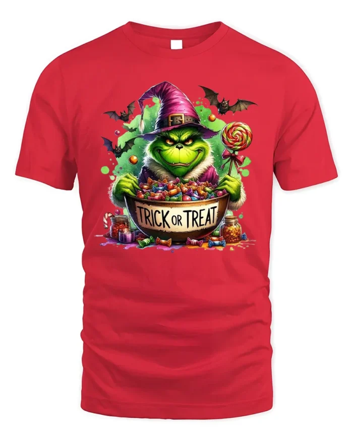 Trick or Treat Candy Monster Halloween T-Shirt - red t-shirt on white background