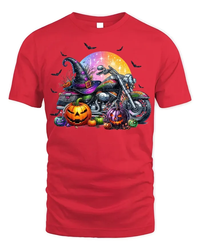 Halloween Motorcycle Pumpkin Rider T-Shirt - red t-shirt on white background