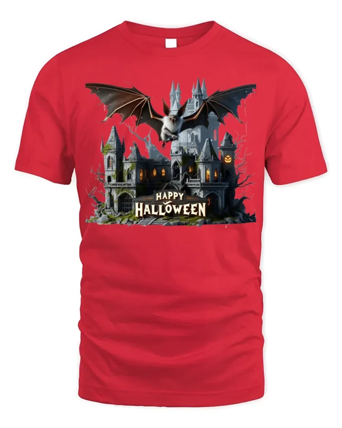 Haunted Castle Bat Happy Halloween T-Shirt - red t-shirt on white background