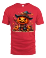 Pumpkin Warrior Halloween Witch Hat T-Shirt - red t-shirt on white background