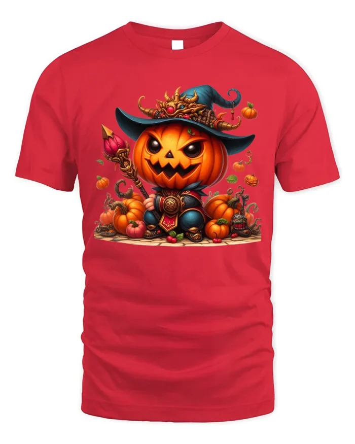 Pumpkin Warrior Halloween Witch Hat T-Shirt - red t-shirt on white background