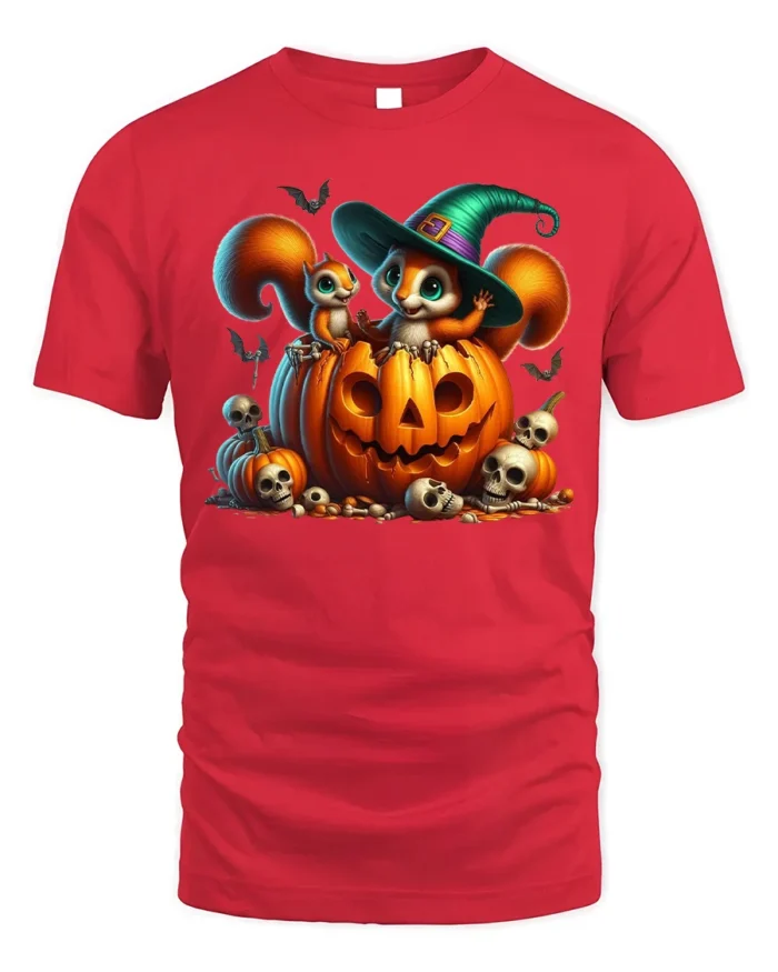 Halloween Squirrel Pumpkin Witch Hat T-Shirt - red t-shirt on white background