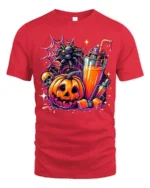 Halloween Pumpkin Drink Graphic T-Shirt - red t-shirt on white background