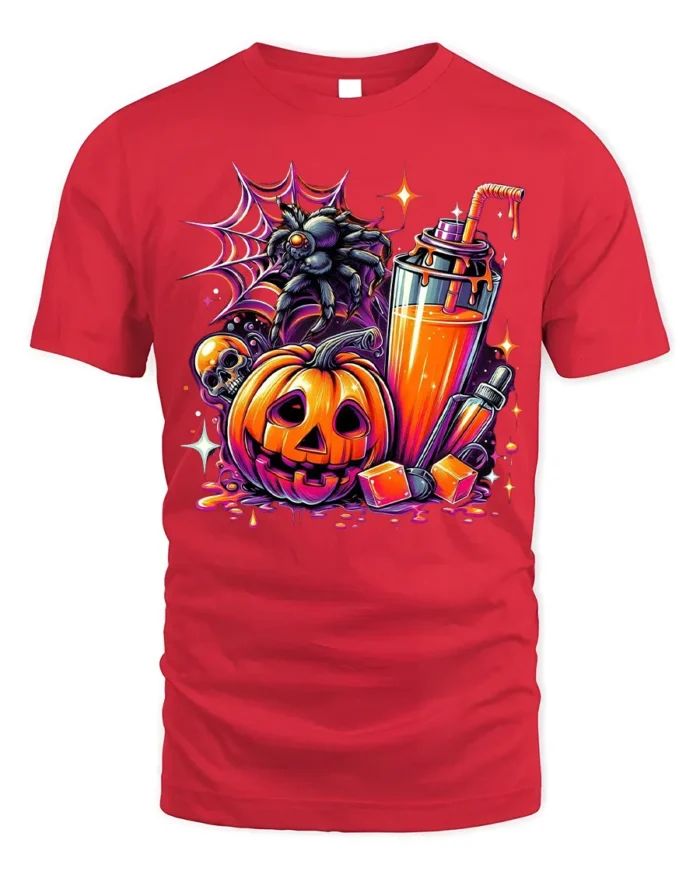 Halloween Pumpkin Drink Graphic T-Shirt - red t-shirt on white background