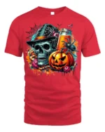 Skull Pumpkin Spider Halloween Drink T-Shirt - red t-shirt on white background