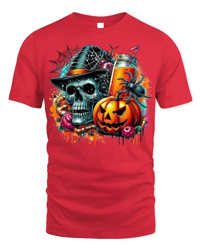 Skull Pumpkin Spider Halloween Drink T-Shirt - red t-shirt on white background