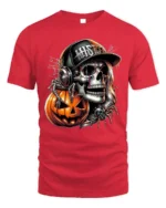 Halloween Skull DJ Pumpkin Graphic T-Shirt - red t-shirt on white background